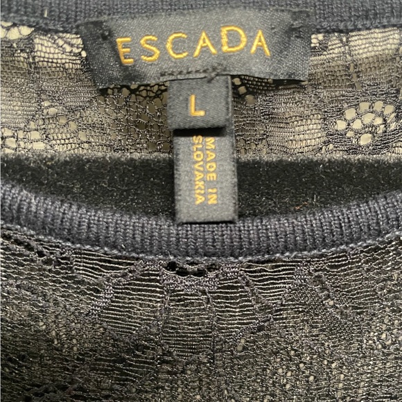 ESCADA navy blue midi dress lace details illusion neckline Size Large - Picture 6 of 10